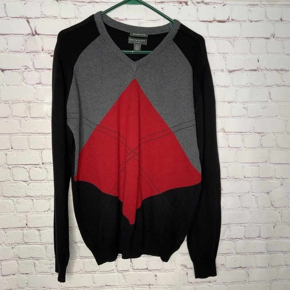 VTG Lyle & Scott Scotland ColorBlock Golf V-Neck Sweater Men L India 100% Cotton